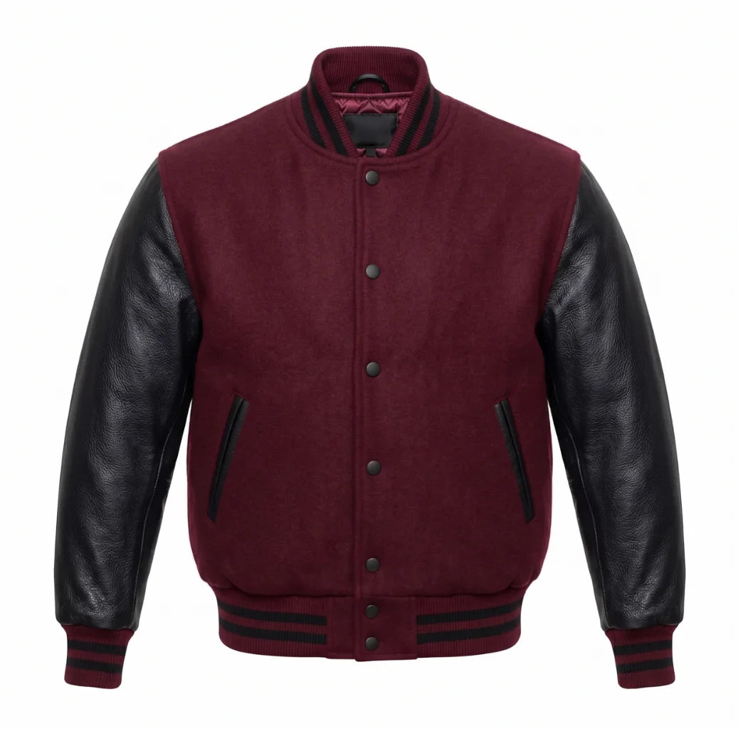 Maroon and Black Varsity Jacket with Wool Body and Leather Sleeves