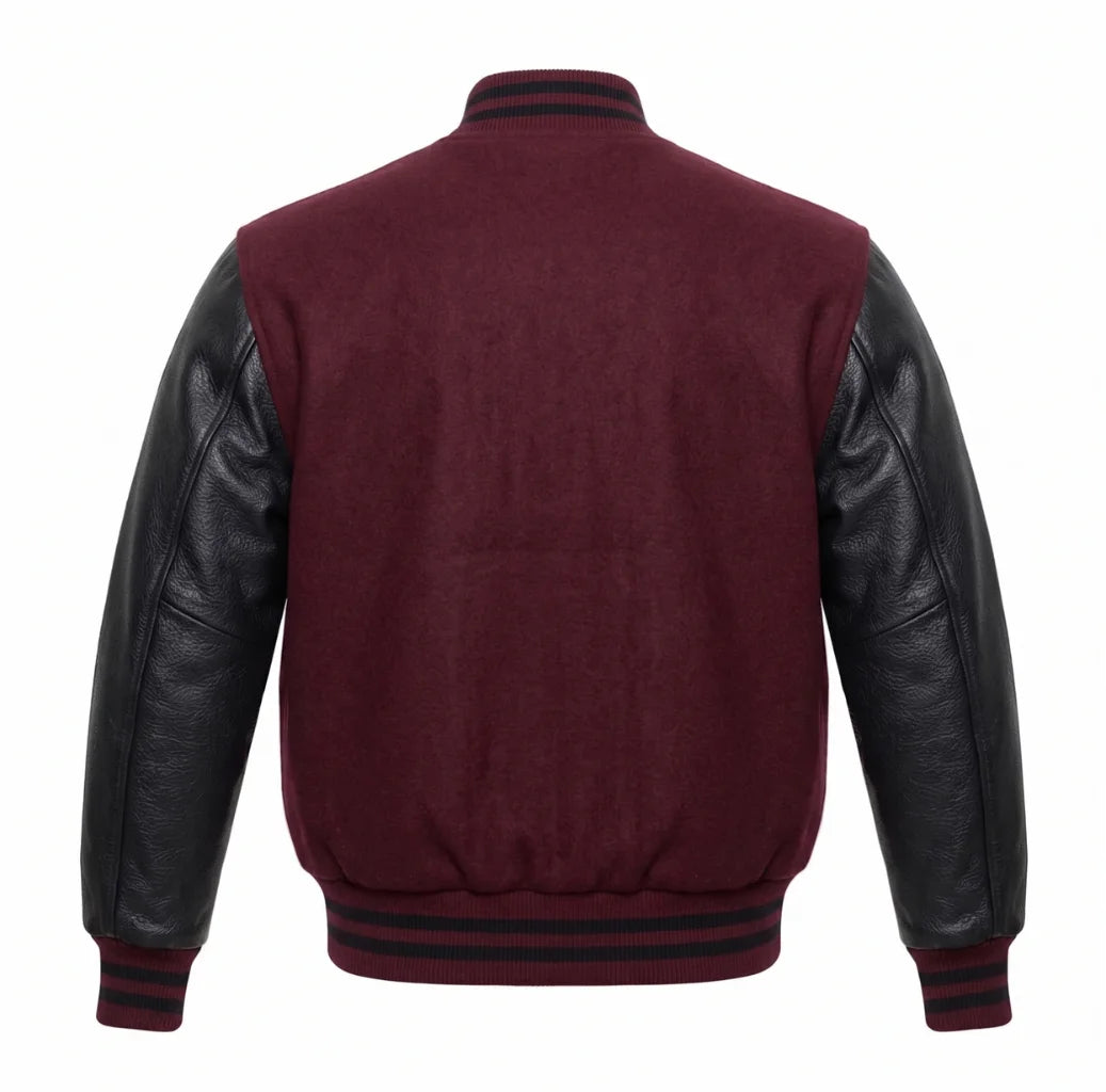 Maroon and Black Varsity Jacket with Wool Body and Leather Sleeves Back View