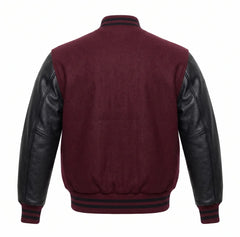 Maroon and Black Varsity Jacket with Wool Body and Leather Sleeves Back View