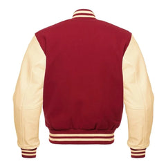 Maroon and Cream Varsity Jacket with Wool Body and Leather Sleeves Back Side