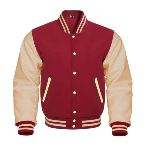 Maroon and Cream Varsity Jacket with Wool Body and Leather Sleeves