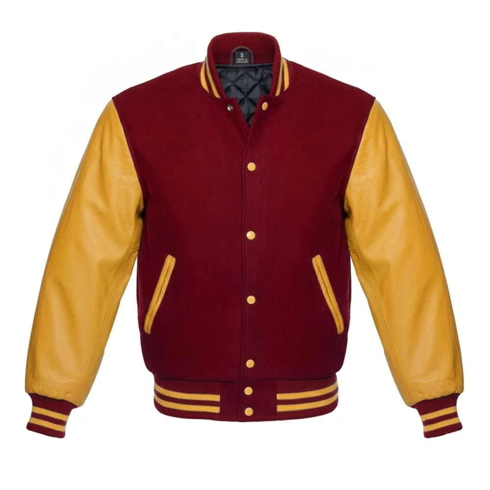 Maroon and Gold Varsity Jacket with Melton Wool Body and Cowhide Leather Sleeves