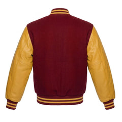 Maroon and Gold Varsity Jacket with Melton Wool Body and Cowhide Leather Sleeves Back Side