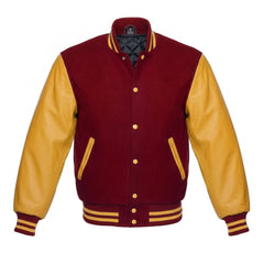 Maroon and Gold Varsity Jacket with Melton Wool Body and Cowhide Leather Sleeves