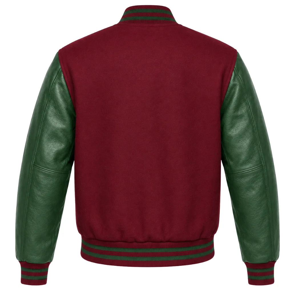 Maroon wool letterman jacket with green cowhide leather sleeves, back view
