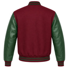 Maroon wool letterman jacket with green cowhide leather sleeves, back view