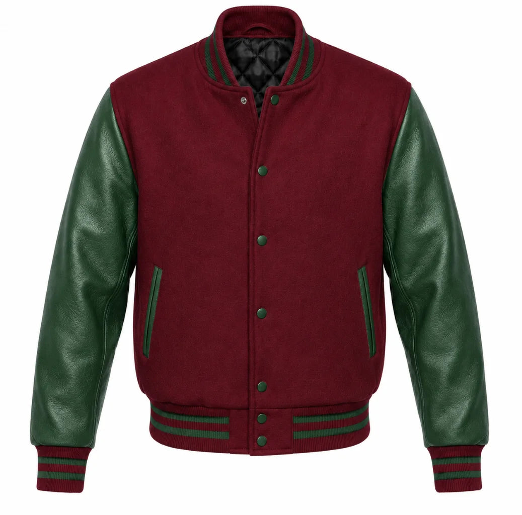 Maroon melton wool letterman jacket with green leather sleeves, front view
