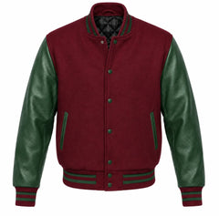 Maroon melton wool letterman jacket with green leather sleeves, front view