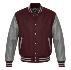 A varsity-style jacket with a maroon body and grey sleeves, featuring gray striped ribbed collar, cuffs, and hem, and silver snap buttons.
