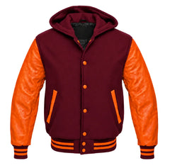 Maroon and Orange Hooded Varsity Jacket