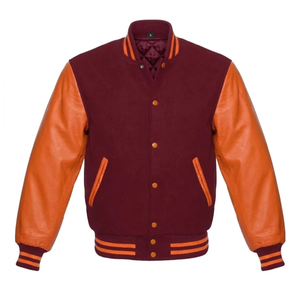 Maroon and Orange Varsity Jacket with Wool Body and Leather Sleeves
