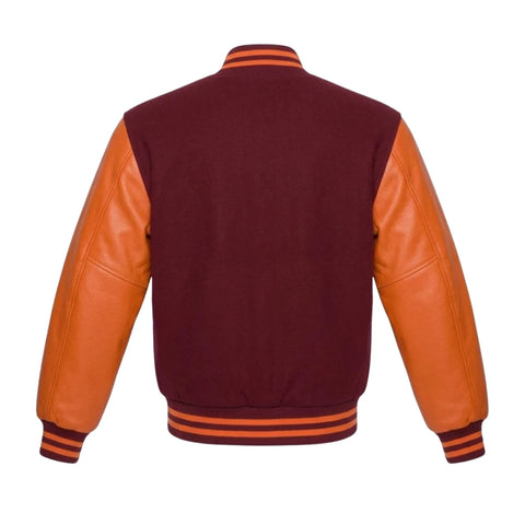 Maroon and Orange Varsity Jacket with Wool Body and Leather Sleeves Back Side