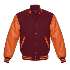 Maroon and Orange Varsity Jacket with Wool Body and Leather Sleeves