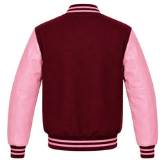 Maroon wool varsity jacket with pink leather sleeves, back view