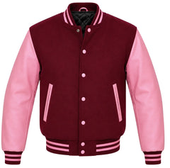 Maroon melton wool varsity jacket with pink cowhide leather sleeves, front view