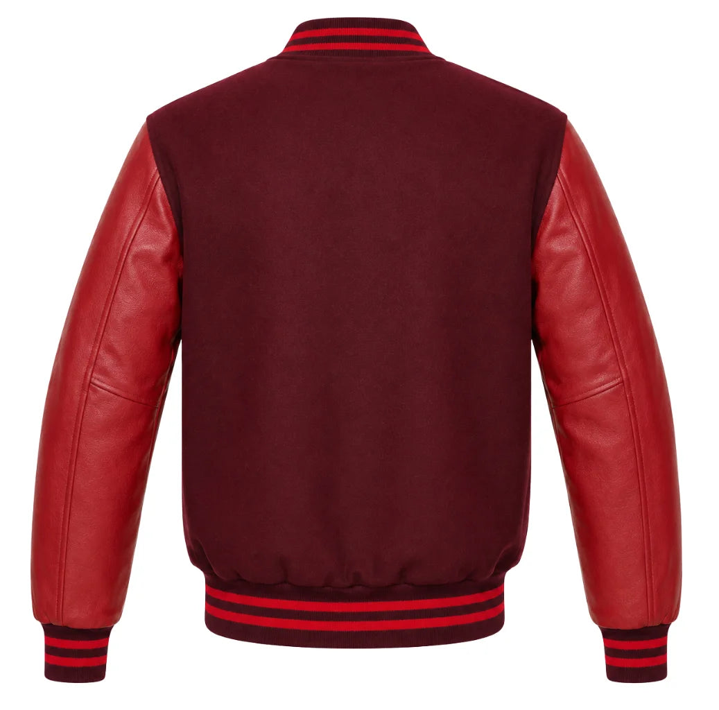 Maroon wool varsity jacket with red leather sleeves, back view