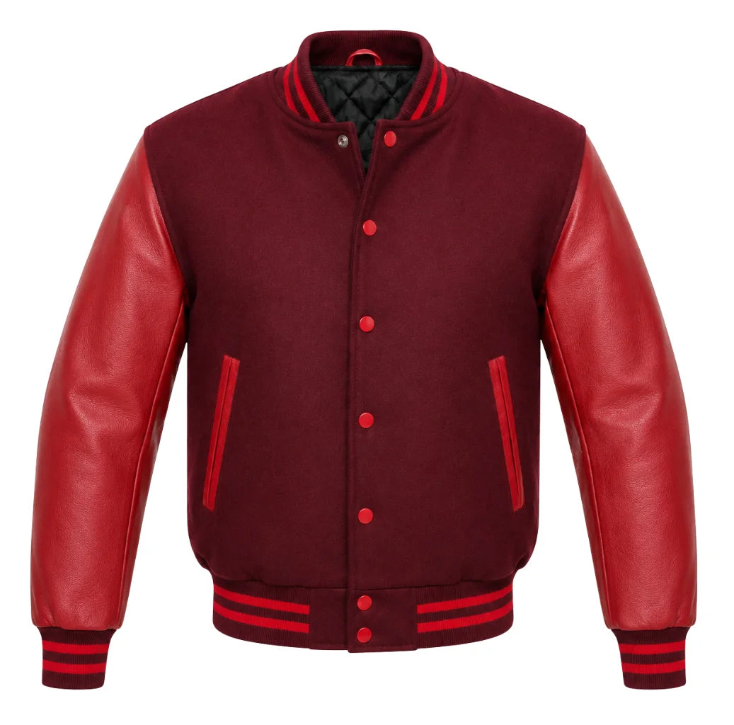 Maroon melton wool varsity jacket with red cowhide leather sleeves, front view