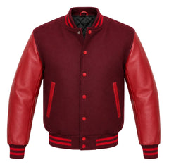 Maroon melton wool varsity jacket with red cowhide leather sleeves, front view
