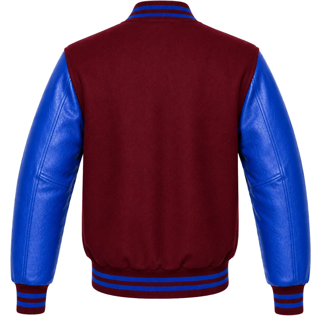 Maroon wool varsity jacket, royal blue cowhide leather sleeves, back view
