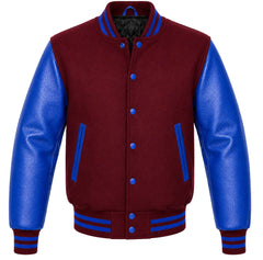 Maroon melton wool varsity jacket with royal blue leather sleeves, front view