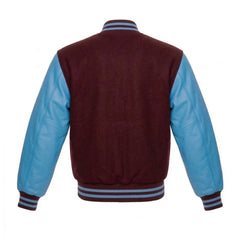 Maroon and Sky Blue Varsity Jacket with Wool Body and Leather Sleeves Back Side