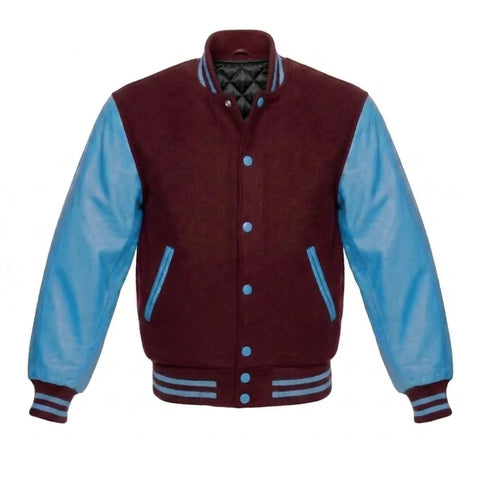 Maroon and Sky Blue Varsity Jacket with Wool Body and Leather Sleeves