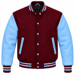 Maroon and Sky Blue Wool Varsity Jacket