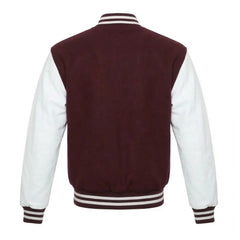 Maroon and White Varsity Jacket with Wool Body and Leather Sleeves Back Side