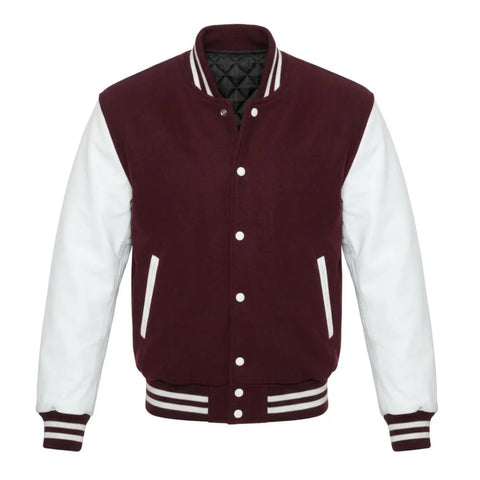 Maroon and White Varsity Jacket with Wool Body and Leather Sleeves
