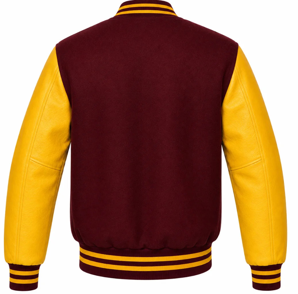 Maroon wool letterman jacket with yellow cowhide sleeves, back view
