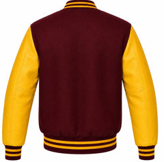 Maroon wool letterman jacket with yellow cowhide sleeves, back view