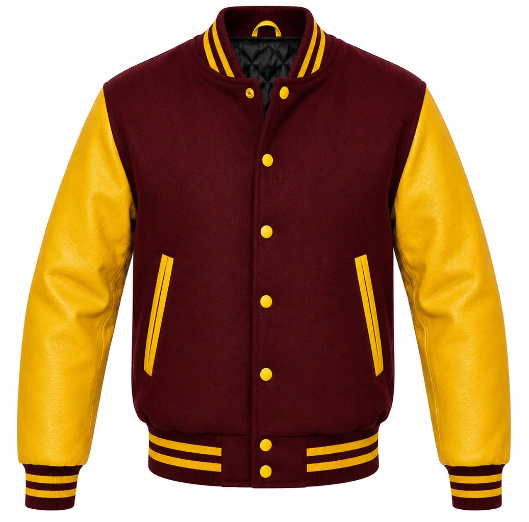 Maroon melton wool letterman jacket with yellow leather sleeves, front view