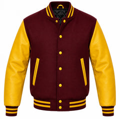 Maroon melton wool letterman jacket with yellow leather sleeves, front view