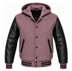Mauve and Black Letterman Jacket with Hood