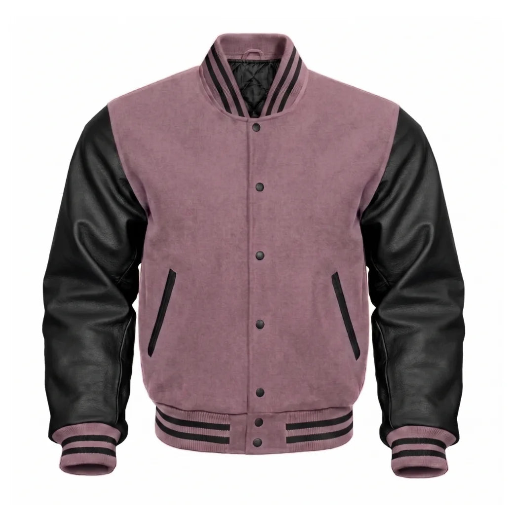 Mauve and Black Varsity Jacket with Wool Body and Leather Sleeves
