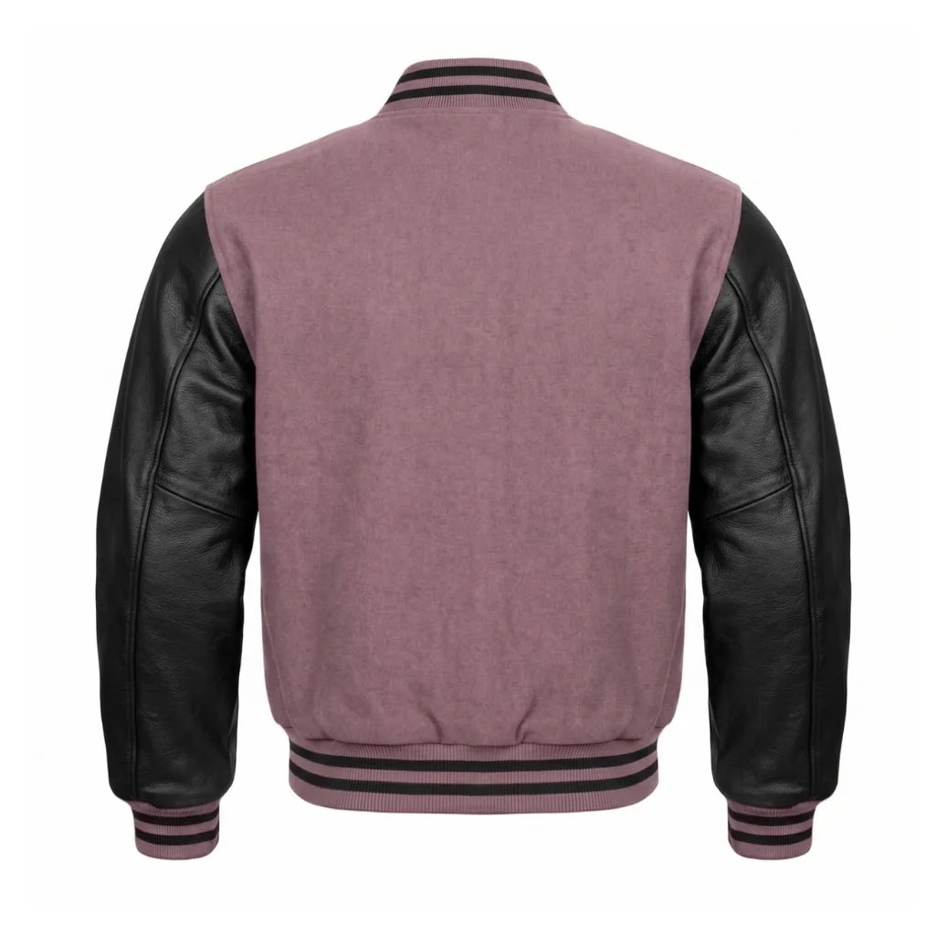 Mauve and Black Varsity Jacket with Wool Body and Leather Sleeves Back View
