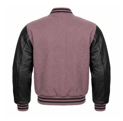 Mauve and Black Varsity Jacket with Wool Body and Leather Sleeves Back View