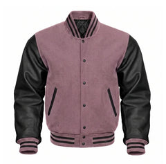 Mauve and Black Varsity Jacket with Wool Body and Leather Sleeves