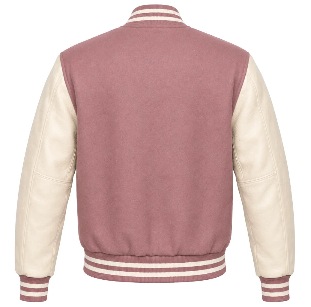 Mauve wool varsity jacket, cream cowhide sleeves, back view