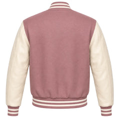 Mauve wool varsity jacket, cream cowhide sleeves, back view