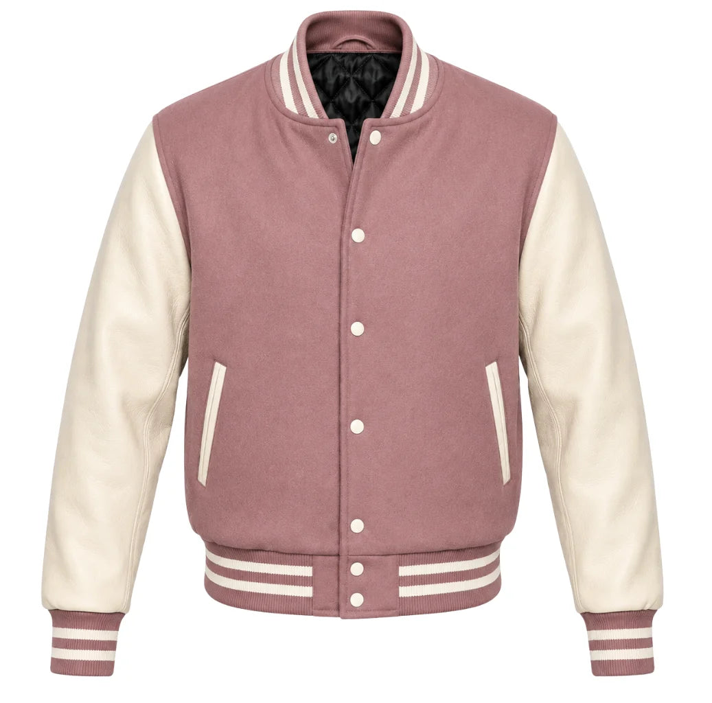 Mauve melton wool varsity jacket with cream leather sleeves, front view