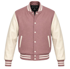 Mauve melton wool varsity jacket with cream leather sleeves, front view