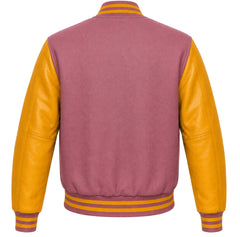 Mauve wool varsity jacket with gold leather sleeves, back view