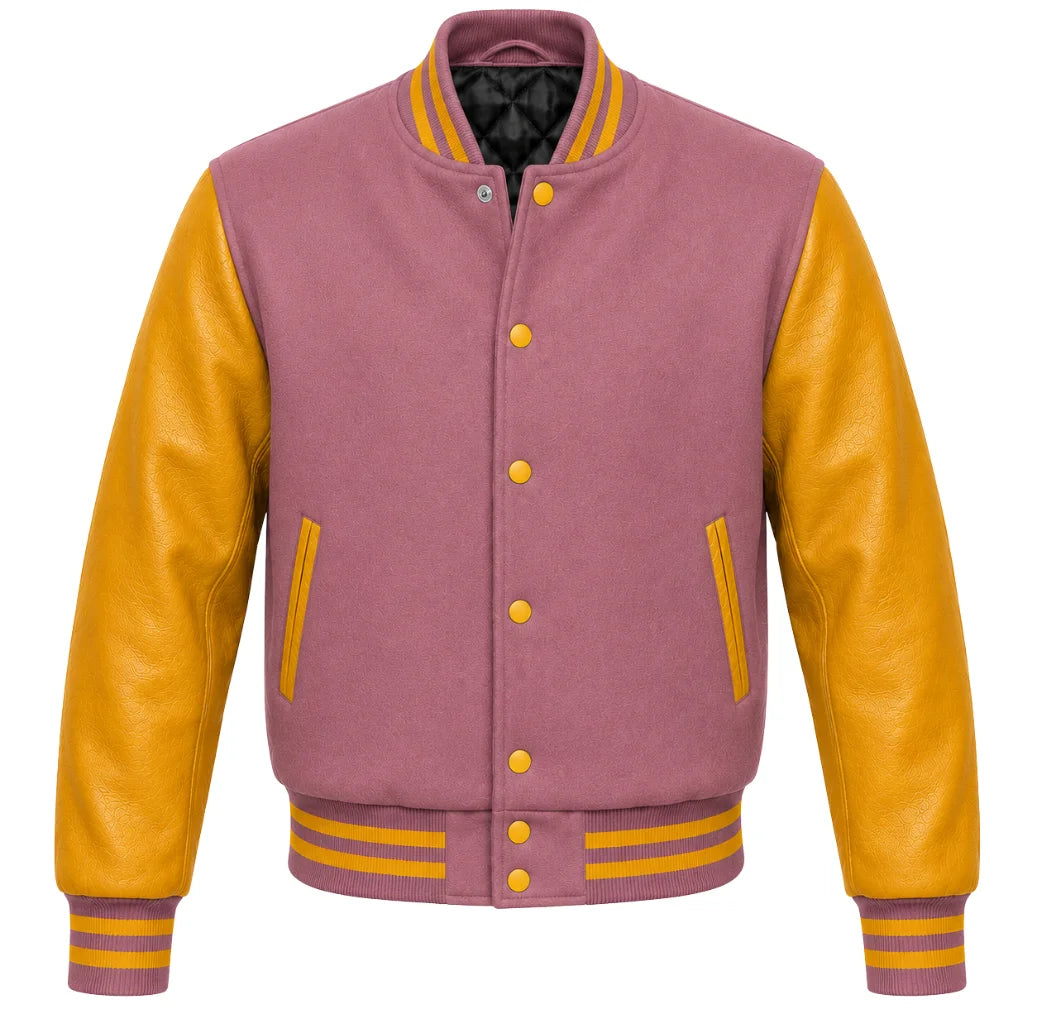 Mauve melton wool varsity jacket with gold cowhide leather sleeves, front view