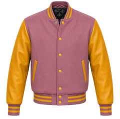 Mauve melton wool varsity jacket with gold cowhide leather sleeves, front view