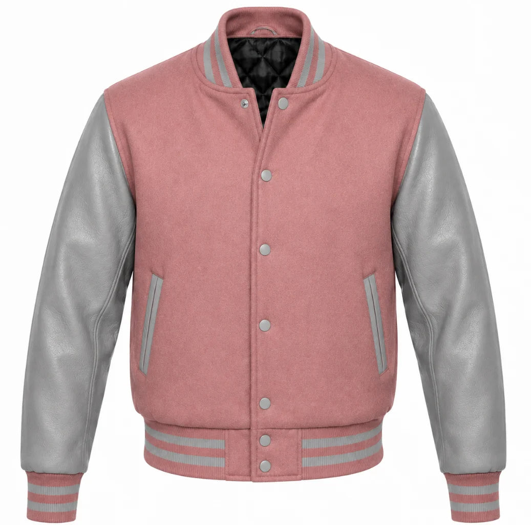 Mauve melton wool varsity jacket with grey cowhide leather sleeves, front view