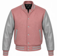 Mauve melton wool varsity jacket with grey cowhide leather sleeves, front view