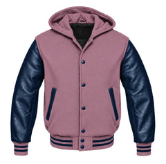 Mauve and Navy Blue Hooded Letterman Jacket