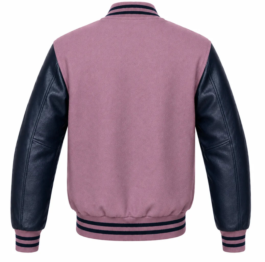 Mauve wool varsity jacket with navy blue cowhide sleeves, back view