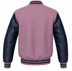 Mauve wool varsity jacket with navy blue cowhide sleeves, back view